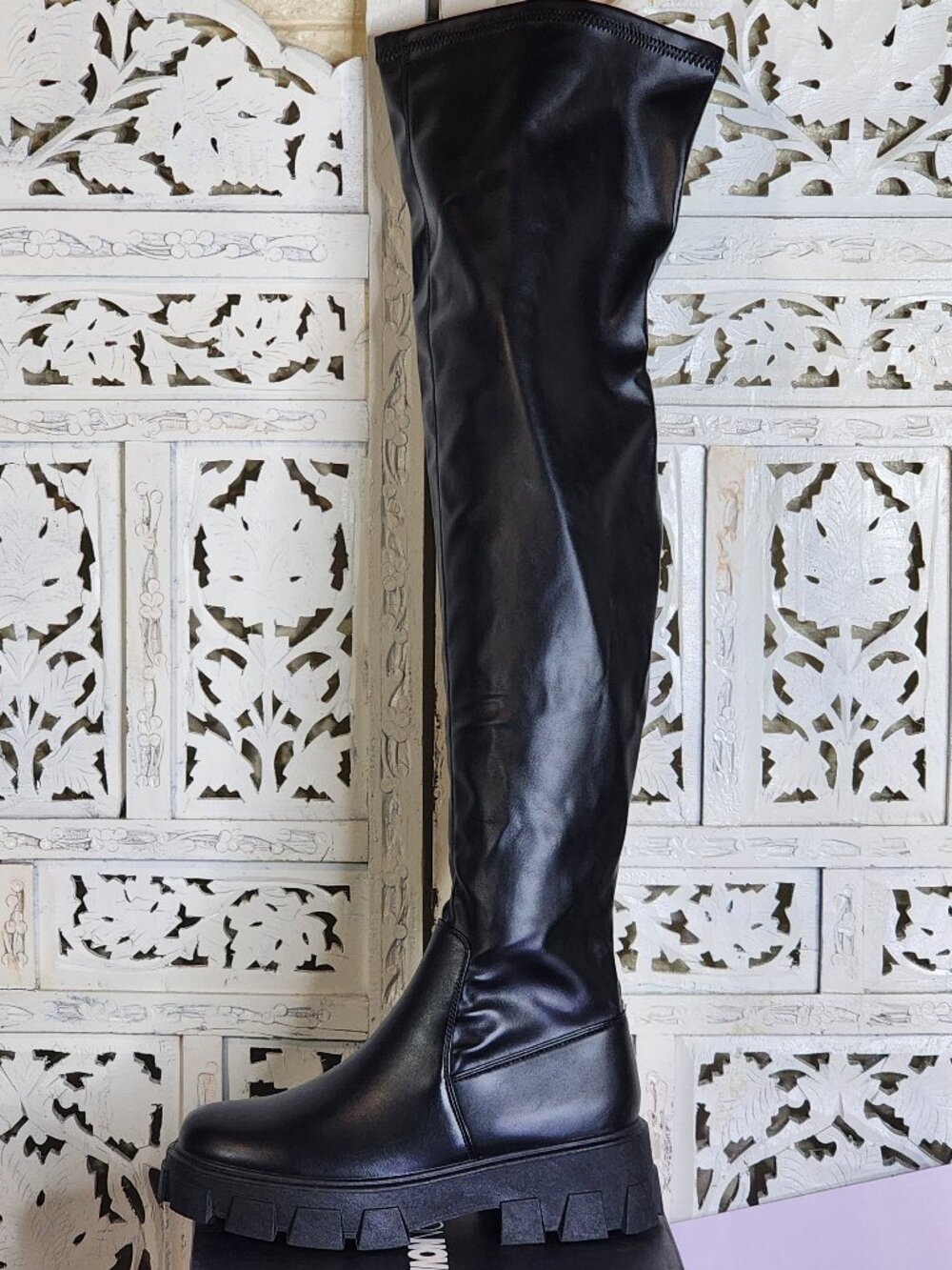 Fashion Nova Black Chunky Sole Play It Off Over The Knee Faux Leather Boots 8.5